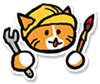 This small picture shows a funny figure of an orange cat. We only see the face and two paws of the cat. She is wearing a yellow cap. In her right paw she holds up a fork wrench and in her left paw she holds up a paint brush. She looks concentrated and content.