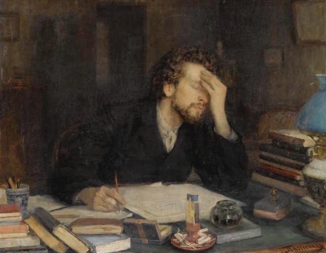 This is a picture of an old painting. The painting shows a man writing behind a writing desk. He has paused his writing: his right hand with a pen is beside the paper, he supports his forehead with his left hand, his eyes are closed. He wears a black coat in the rahter dark room. On his desk are many books, a flat stone with a large ink well on top, a large oil lamp, and other utilities for a writer. We look upon the man at an almost straight angle and we look upon his desk. There is daylight on his desk and on his face, the oil lamp is off. His closed eyes, his agony and the dark background make the painting lonely, pitiful and sinister.